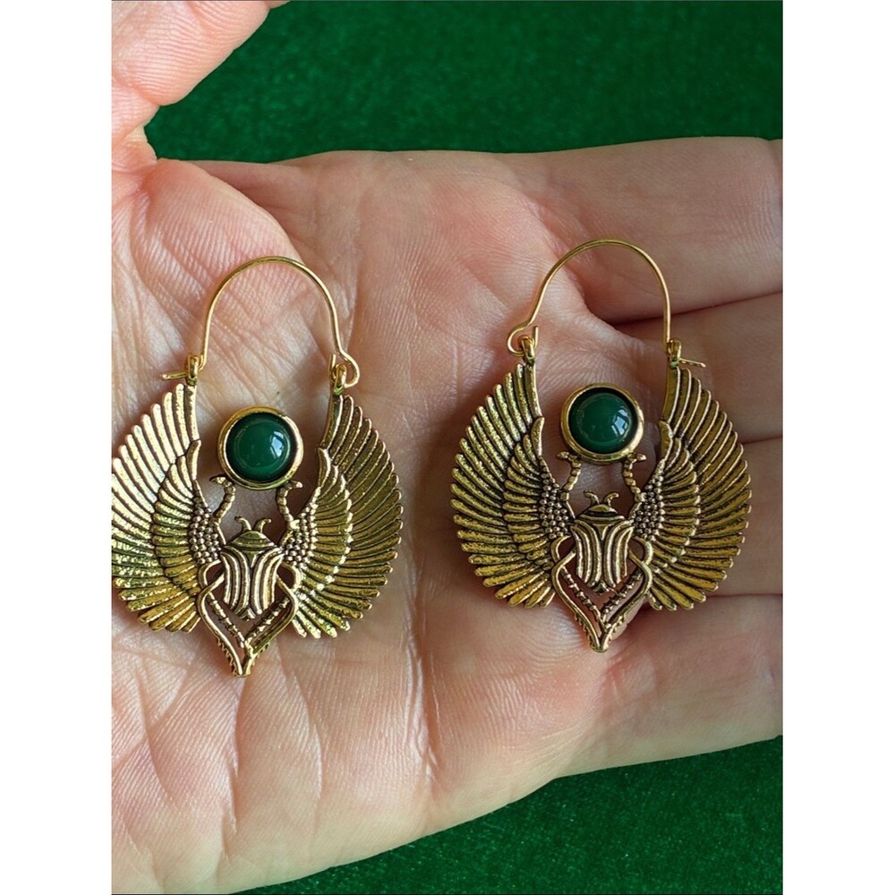 NEW Egyptian Revival Style Gold Scarab beetle wing hoop earrings & teal stone